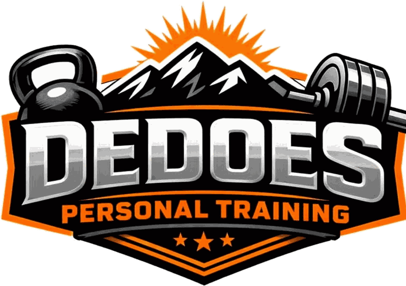 Dedoes Training logo featuring a kettlebell, mountain range, and barbell
